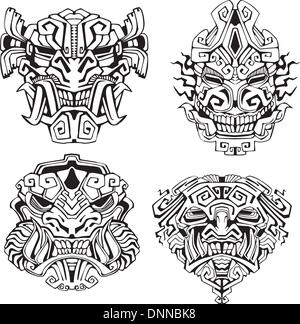 Masques totem aztèque monster. Série d'illustrations vectorielles en noir et blanc. Illustration de Vecteur