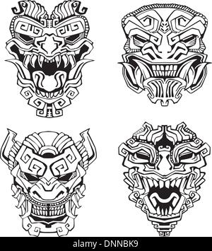 Masques totem aztèque monster. Série d'illustrations vectorielles en noir et blanc. Illustration de Vecteur