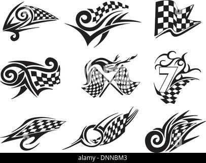 Ensemble de drapeaux à damier avec des tatouages de course. Le noir et blanc illustrations vectorielles. Illustration de Vecteur
