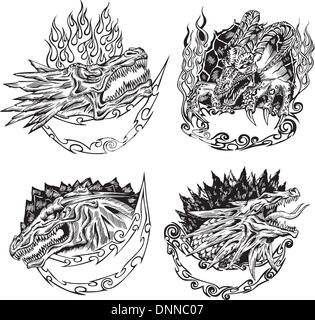 Les modèles décoratifs avec des têtes de dragon pour mascot design. Vector set. Illustration de Vecteur