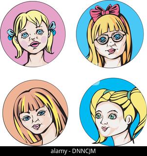 Série portraits de jeunes filles mignonnes. Série d'illustrations vectorielles colorées. Illustration de Vecteur