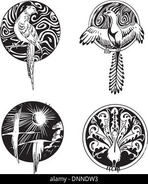 Dessins d'oiseaux ronde. Série d'illustrations vectorielles en noir et blanc. Illustration de Vecteur