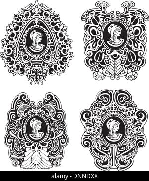 Ensemble de camées antiques décoratif avec portrait de femme de profil. Le noir et blanc illustrations vectorielles. Illustration de Vecteur