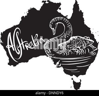 Cygne noir (Cygnus atratus) sur la carte de l'Australie. Vector illustration noir et blanc. Illustration de Vecteur