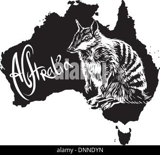 Le Numbat (Myrmecobius fasciatus) sur la carte de l'Australie. Vector illustration noir et blanc. Illustration de Vecteur