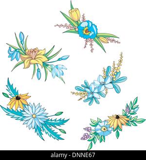 Divers fleurs bleu et jaune pour les ornements. Série d'illustrations vectorielles. Illustration de Vecteur