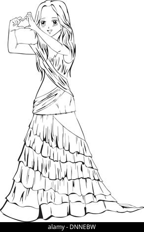 Anime girl élégante en robe de soirée. Vector illustration noir et blanc. Illustration de Vecteur