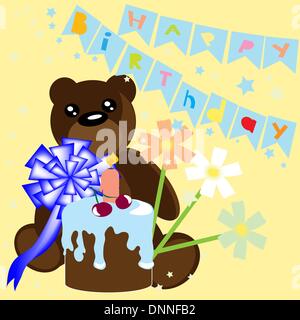 Joyeux anniversaire carte avec l'ours et le gâteau. Vector illustration. Illustration de Vecteur