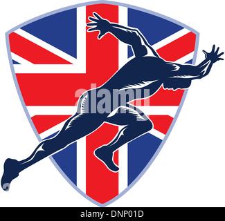 Retro illustration d'un runner sprinter courir un sprint vu de côté avec union jack Grande-bretagne drapeau britannique situé à l'intérieur du flasque sur fond blanc isolé. Illustration de Vecteur