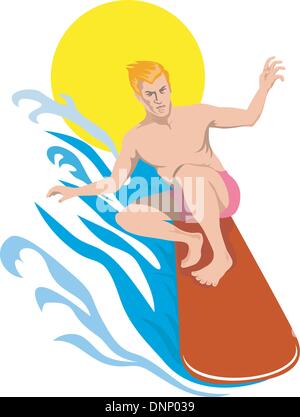 Illustration d'un surfer sur l'eau avec un soleil derrière lui fait en style rétro. Illustration de Vecteur