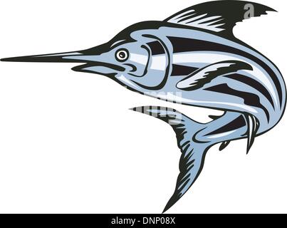 Illustration d'un marlin bleu de sauts de poisson fait en style rétro. Illustration de Vecteur