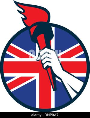 Retro illustration d'un athlète main tenant une torche enflammée avec union jack Grande-bretagne drapeau britannique situé à l'intérieur du cercle isolées sur fond blanc. Illustration de Vecteur