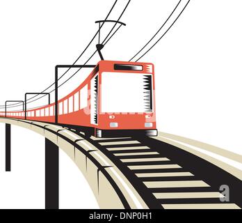 Illustration d'une locomotive diesel pont viaduc passant fait dans le style rétro sur fond isolé Illustration de Vecteur