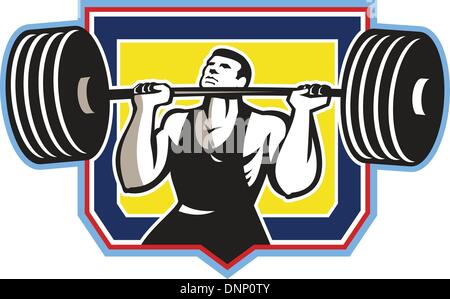 Illustration d'un haltérophile soulever des poids d'haltères lourde, vu de l'avant dans la protection de la crête fait en style rétro. Illustration de Vecteur