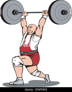 Illustration d'un haltérophile soulevant des poids barbell fait en style rétro. Illustration de Vecteur