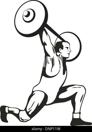 Illustration d'un haltérophile soulevant des poids barbell en noir et blanc style rétro. Illustration de Vecteur