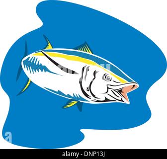 Illustration d'un thon à nageoires jaunes fait en style rétro. Illustration de Vecteur