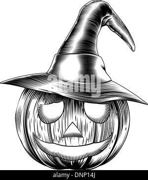 Un Halloween citrouille portant un chapeau de sorcière dans un style rétro vintage style gravure sur bois ou xylographie Illustration de Vecteur