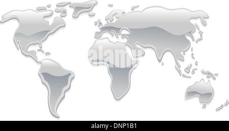 Une carte du monde à base de métal de l'argent liquide comme le mercure gouttelettes formant les continents Illustration de Vecteur