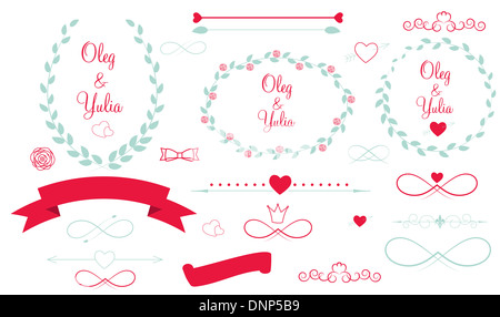 Ensemble d'éléments graphiques de mariage avec des flèches, des coeurs, des rubans et étiquettes, Laurel Illistration vecteur Banque D'Images