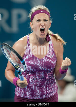 Brisbane, Australie. 3 janvier, 2014. Victoria Azarenka du Bélarus célèbre après avoir remporté son match demi-finale dames contre Jelena Jankovic de la Serbie au tournoi international de tennis de Brisbane à Brisbane, Australie, le 3 janvier 2014. Victoria Azarenka a remporté 2-1. Credit : Bai Xue/Xinhua/Alamy Live News Banque D'Images