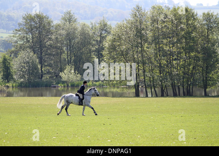 Le cheval et le cavalier au travail avant un concours de dressage, avec un beau lac en arrière-plan Banque D'Images