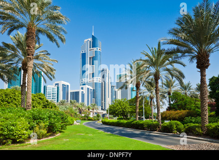 Le centre-ville de Tours gratte-ciel avec des palmiers La ville de Dubaï, Émirats arabes unis, ÉMIRATS ARABES UNIS, Moyen Orient Banque D'Images