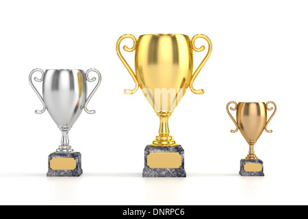 Or, Argent et Bronze - Tasses sur fond blanc Banque D'Images