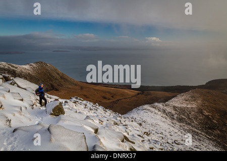 Goat Fell avec winter walker et chien sur le chemin enneigé, Isle of Arran, Ecosse Banque D'Images