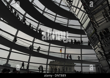 Vue sur le ciel gris sillhouettes de personnes sur les trottoirs autour du dôme en verre sur le toit du bâtiment du Reichstag, Berlin, Allemagne Banque D'Images