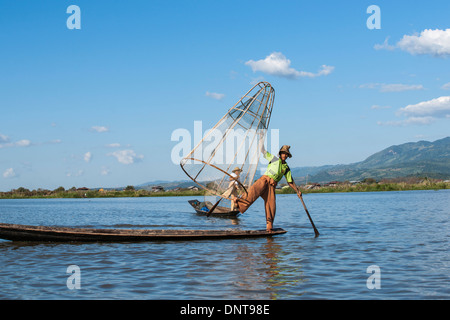 Traditionnel birman fisherman holding piège conique prêt à emprisonner de l'abandon du poisson sur 3 Novembre 2013 sur le lac Inle, Myanmar Banque D'Images