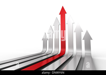 Flèche rouge pointant vers le haut avec les flèches grises Banque D'Images