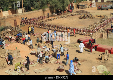 Les hommes de la communauté à Niamey, Niger travailler ensemble à sacrifier les moutons dans le cadre de la célébration de la Tabaski (Aïd al-Adha) Banque D'Images