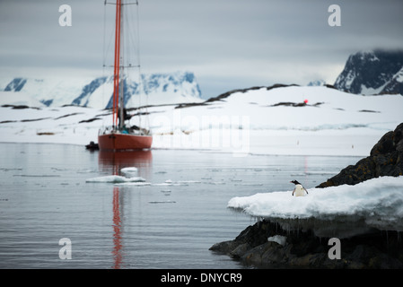 L'ANTARCTIQUE - UN salboat ancres à côté du rivage à l'Île Galindez près de la Base de recherche Vernadsky sur la péninsule antarctique. Banque D'Images