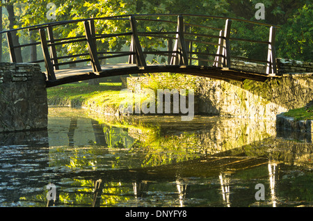 Petit pont en bois sur le premier matin au soleil Banque D'Images