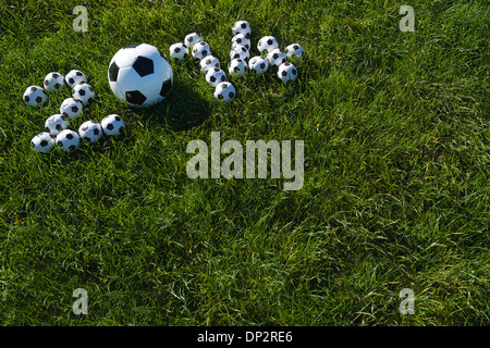 Message pour 2014 faite avec de petits ballons de football sur terrain de football en herbe verte Banque D'Images