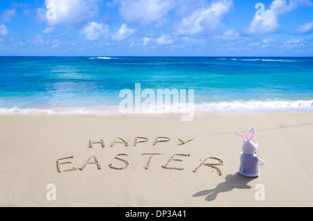 Panneau 'Joyeuses Pâques' avec bunny sur la plage de sable à l'océan Banque D'Images