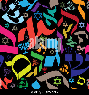 Seamless Vector pattern design avec des lettres hébraïques et icônes Judaïque Banque D'Images