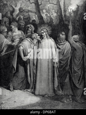 Judas Iscariot. Le baiser de Judas Jésus afin de le trahir à la garde. Gravure par Dore. Banque D'Images
