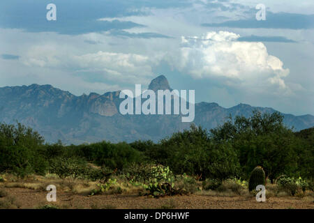 Oct 05, 2006 ; nation Tohono O'odham, USA ; l'impressionnante gamme de montagne à l'est de la nation Tohono O'odham comprend le Babiquivari Mountain. Nation Tohono O'odham, dont le territoire chevauche la frontière entre les États-Unis et le Mexique, réagir au Sénat du projet de loi qui permettrait la construction d'un 700-mile clôture le long de la frontière -- 75 miles de qui sont sur leurs terres. Obligatoire Banque D'Images