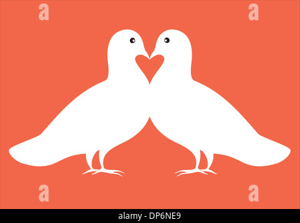 Illustration des colombes blanches paire dans l'amour avec coeur rouge, symbole de la Saint-Valentin ou conception de carte de mariage Banque D'Images