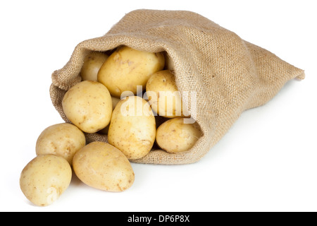 Les pommes de terre en sac de jute brut isolé sur fond blanc Banque D'Images