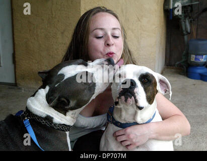 Oct 29, 2006 ; Lake Worth, FL, USA ; MELODY OWENS, un de 22 ans, l'élève exécute un groupe de sauvetage race bully, aidant à placer oft décrié les pit-bulls, American Bulldog, et à d'autres sauvetages race bully. Elle est l'organisation d'une prise de conscience de mars ce samedi. Elle est présentée ici avec deux de ses chiens, Magnum (à gauche) (113) et de Maui (American Bulldog). Crédit obligatoire : Photo par Uma Sanghvi/ Banque D'Images