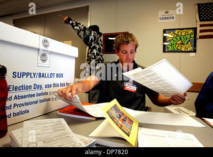 Nov 07, 2006 ; La Jolla, CA, USA ; NICK HROMALIK, sous-inspecteur de la cité, prépare un bulletin de vote papier lors d'une cité à l'UCSD Prix Centre à La Jolla. La majorité des étudiants à l'aide d'un centre Prix voté bulletin de papier. Crédit obligatoire : Photo par Laura Embry/SDU-T/ZUMA Press. (©) Copyright 2006 by SDU-T Banque D'Images