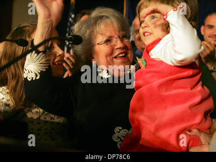 Nov 07, 2006 ; Austin, TX, USA ; CAROLE KEETON STRAYHORN et sa petite-fille, Anna MCCLELLAN, vague de partisans après Strayhorn, a annoncé qu'elle concède l'élection Mardi, Novembre 7, 2006 at the Driskill Hotel à Austin. Le Parti démocratique a gagné le contrôle de la Chambre des représentants aux Etats-Unis les élections de mi-mandat. La Maison Blanche a admis les Démocrates avaient repris le Banque D'Images