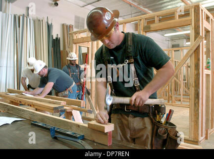 Nov 08, 2006 ; San Mateo, CA, USA ; Jack Anderson permet d'encadrer une structure (arrière-plan) à l'école apprenti menuisier à Pleasanton. Ses coéquipiers à gauche sont Jeremy Beldon, John Barrett et Fidel. Anderson, qui a passé plus de quatre en service actif dans l'armée américaine, la 82e division aéroportée est présent dans la 'du Régiment aux bâtiments, qui permet aux anciens combattants de bénéficier d'une formation dans les métiers du bâtiment Banque D'Images