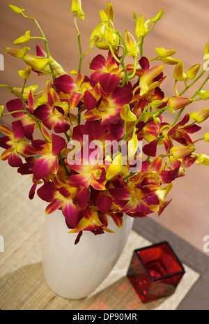 Un bouquet d'orchidées orientales rouges dans un vase blanc sur une table dans un cadre familial Banque D'Images