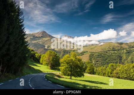 La route D 918 depuis le Col d'Aspin vers le Lac de Payolle dans les Pyrénées françaises Banque D'Images