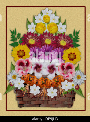 Art floral spectaculaire bouquet de fleurs de printemps chrysanthèmes rouges, roses jaunes, de marguerites blanches dans panier sur fond d'abricot Banque D'Images