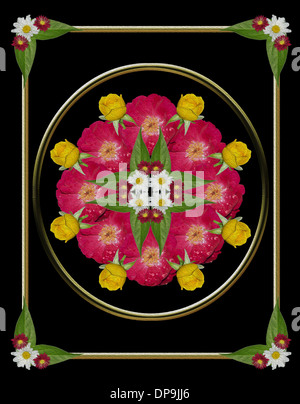 Art floral spectaculaire - conception géométrique des roses rouges et jaunes, les bourgeons et les feuilles avec de l'or métallique sur fond noir Banque D'Images